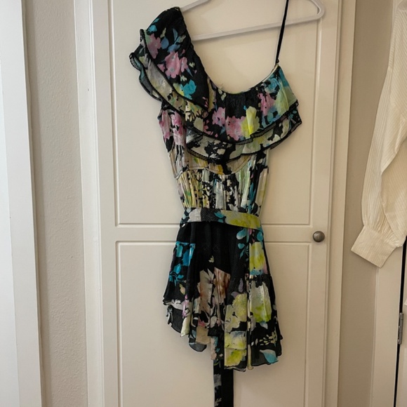 ROCOCO SAND Aita Mini Dress in Black Multi Pastel One Shoulder Large L - Picture 8 of 9